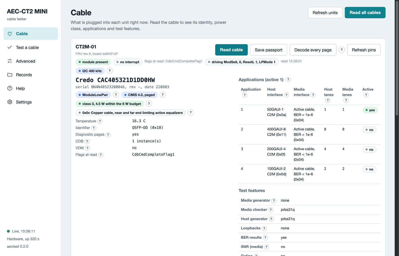 The Cable page with one cable read