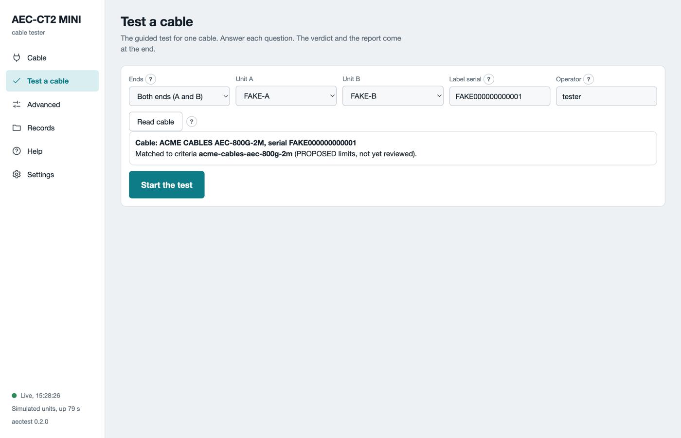 The Test a cable page before the start
